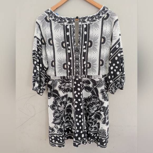 Farm Rio Puff Sleeve Linen Anthropologie Black White Beaded Mini Dress Size S - Picture 10 of 11